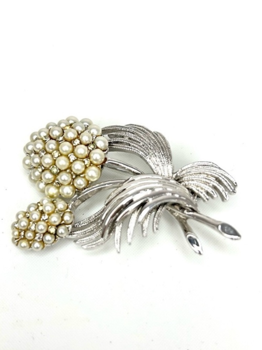 Faux Pearl And Crystal Flower Silver Tone Brooch